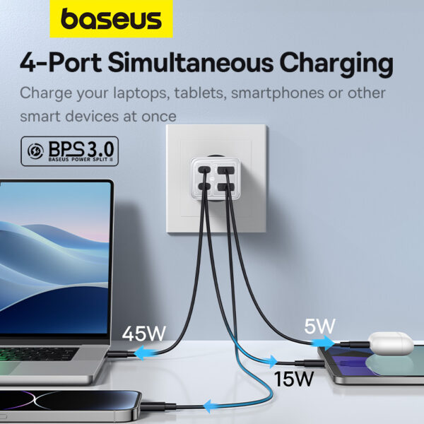 CHARGEUR AVEC CABLE TYPE-C VERS TYPE-C 4-PORTS 2*TYPE-C +2*USB (100W TECHNOLOGIE GaN) BASEUS - Image 4