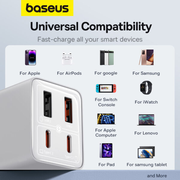 CHARGEUR AVEC CABLE TYPE-C VERS TYPE-C 4-PORTS 2*TYPE-C +2*USB (100W TECHNOLOGIE GaN) BASEUS - Image 7
