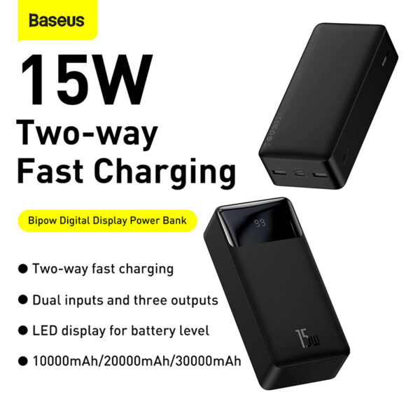 Power bank digital display battrie externe pour charge 30000mAh 15W avec cable USB vers Micro 0.25cm Baseus - Image 3