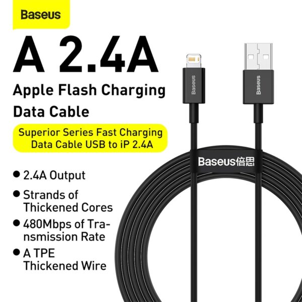 Baseus Câble USB Vers Lightning pour iPhone/iPad 2.4A 1m Noir - Image 5